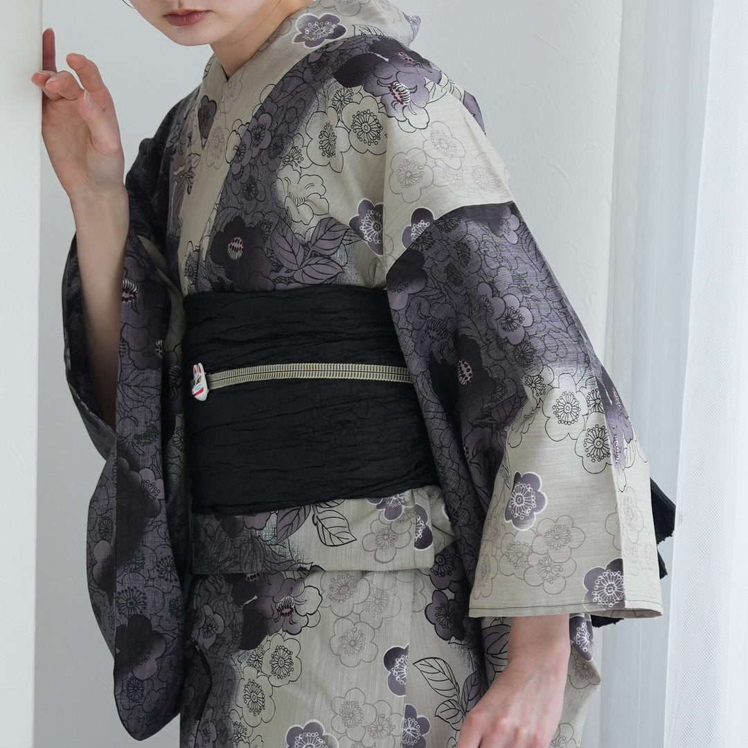 高級変わり織 浴衣3点セット（浴衣・帯・下駄）ブラックアッシュの