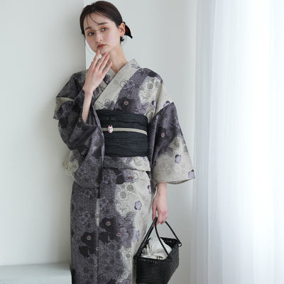 【新品未使用】フリーサイズ浴衣　変わり織　梅 浴衣 単品 レディース 「紺色 変わり縞に梅」 女性浴衣単品