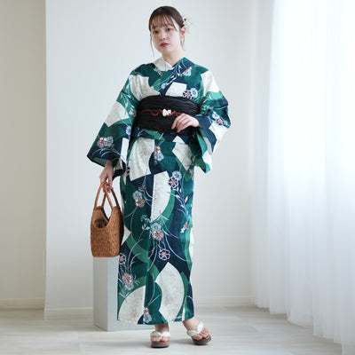 【utatane 高級変わり織 浴衣3点セット ( ゆかた・帯・下駄 ) かすれグリーンに扇面】 フリーサイズ 国産生地 国内染色　個性派きもの（5010279811）