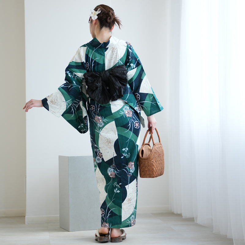 【utatane 高級変わり織 浴衣3点セット ( ゆかた・帯・下駄 ) かすれグリーンに扇面】 フリーサイズ 国産生地 国内染色　個性派きもの（5010279811）