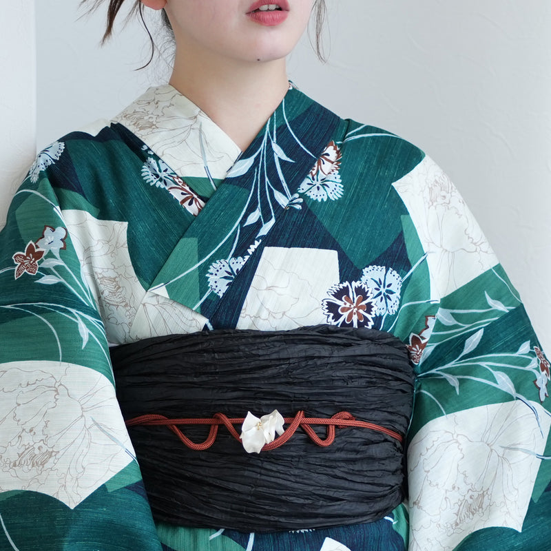 【utatane 高級変わり織 浴衣3点セット ( ゆかた・帯・下駄 ) かすれグリーンに扇面】 フリーサイズ 国産生地 国内染色　個性派きもの（5010279811）