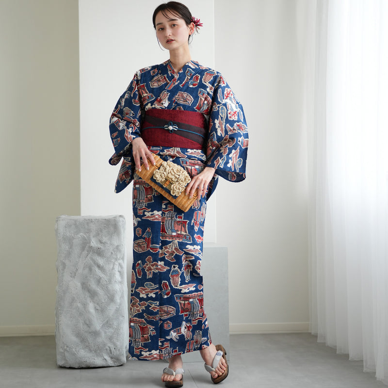 【ニコアンティーク 高級変わり織 浴衣3点セット ( ゆかた・帯・下駄 ) 南蛮渡来　ネイビー】 フリーサイズ 国産生地 国内染色　個性派きもの（5010280211）