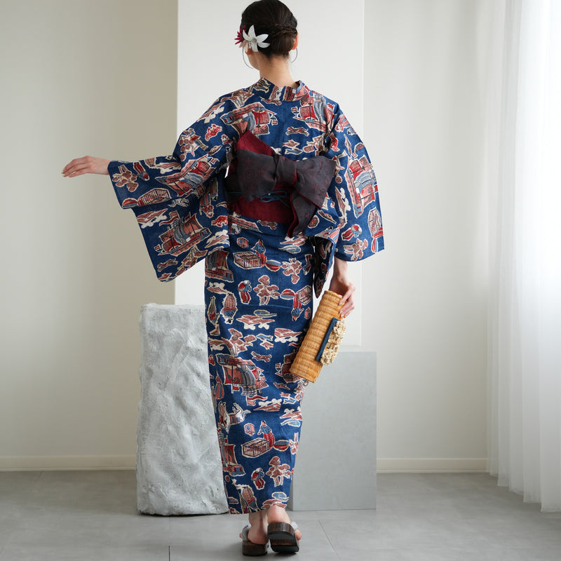 【ニコアンティーク 高級変わり織 浴衣3点セット ( ゆかた・帯・下駄 ) 南蛮渡来　ネイビー】 フリーサイズ 国産生地 国内染色　個性派きもの（5010280211）
