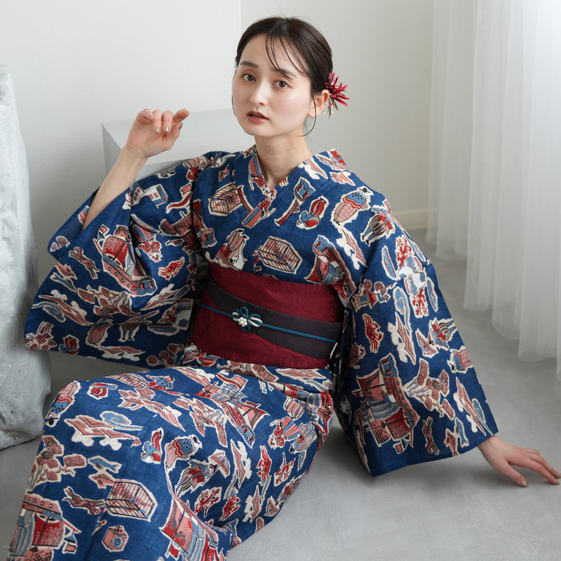 【ニコアンティーク 高級変わり織 浴衣3点セット ( ゆかた・帯・下駄 ) 南蛮渡来　ネイビー】 フリーサイズ 国産生地 国内染色　個性派きもの（5010280211）