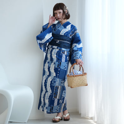 【ニコアンティーク 高級変わり織 浴衣3点セット ( ゆかた・帯・下駄 ) スカラップ雲取 ブルー】 フリーサイズ 国産生地 国内染色　個性派きもの（5010280311）