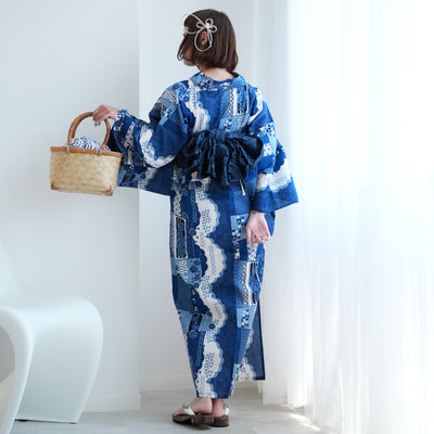 【ニコアンティーク 高級変わり織 浴衣3点セット ( ゆかた・帯・下駄 ) スカラップ雲取 ブルー】 フリーサイズ 国産生地 国内染色　個性派きもの（5010280311）