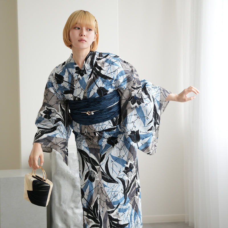 【ニコアンティーク 高級変わり織 浴衣3点セット ( ゆかた・帯・下駄 ) オールドチューリップ　ブルー】 Sサイズ （150-160cm）国産生地 国内染色　個性派きもの（5011280411）