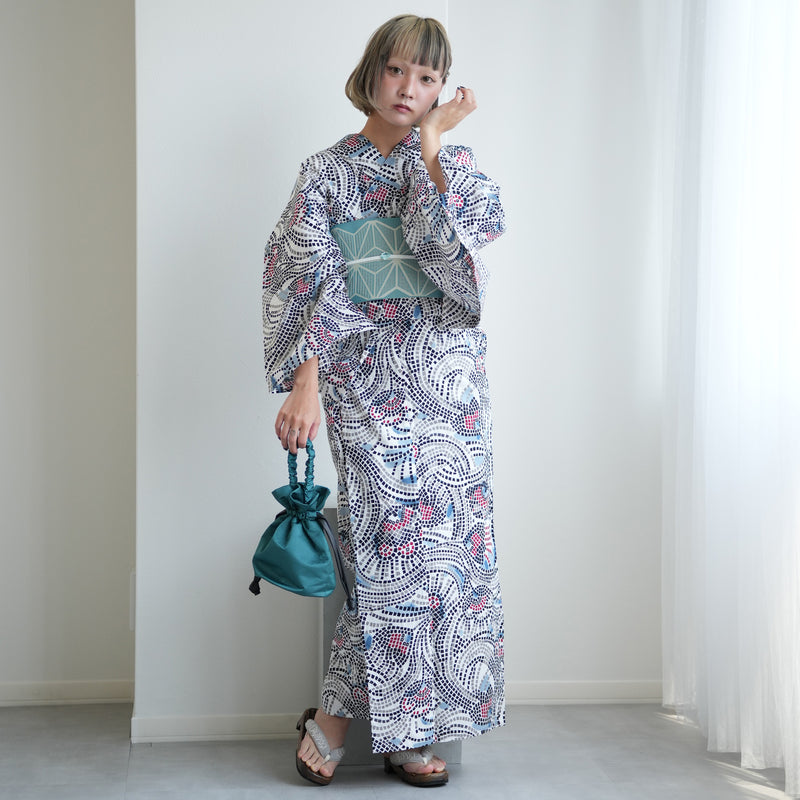 【ニコアンティーク 高級変わり織 浴衣3点セット ( ゆかた・帯・下駄 ) チューリップモザイク ブルー】 Lサイズ（165-175cm） 国産生地 国内染色　個性派きもの（5012280511）