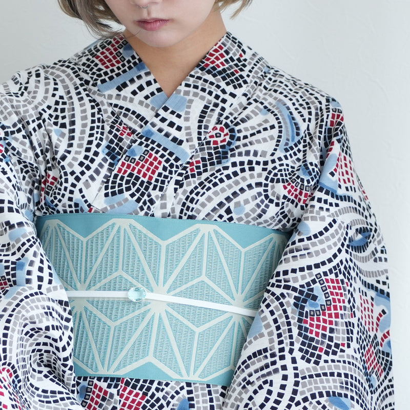 【ニコアンティーク 高級変わり織 浴衣3点セット ( ゆかた・帯・下駄 ) チューリップモザイク ブルー】 Lサイズ（165-175cm） 国産生地 国内染色　個性派きもの（5012280511）