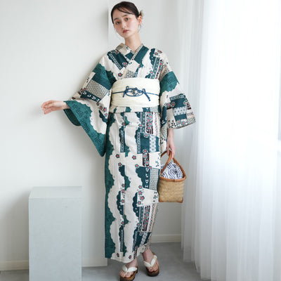 【ニコアンティーク 高級変わり織 浴衣3点セット ( ゆかた・帯・下駄 ) スカラップ雲取　ピーコック】 Lサイズ（165-175cm） 国産生地 国内染色　個性派きもの（5012280711）