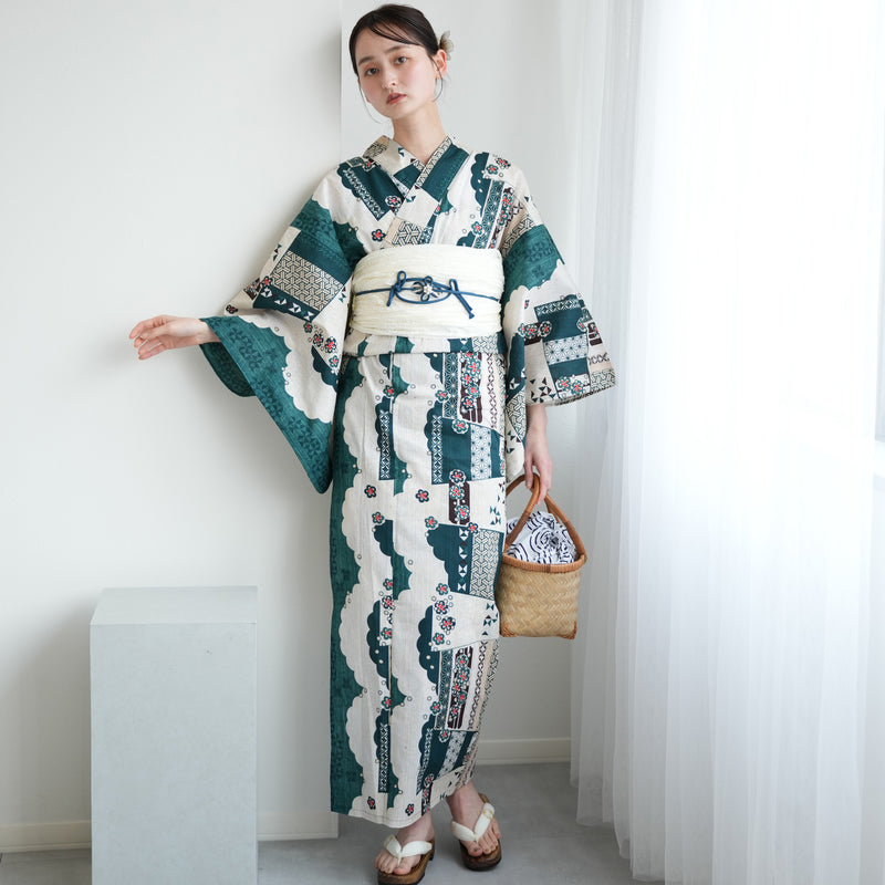 【ニコアンティーク 高級変わり織 浴衣3点セット ( ゆかた・帯・下駄 ) スカラップ雲取　ピーコック】 Lサイズ（165-175cm） 国産生地 国内染色　個性派きもの（5012280711）