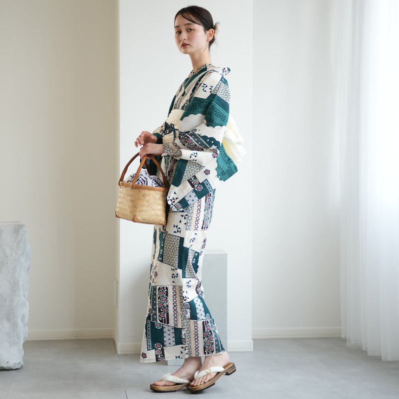 【ニコアンティーク 高級変わり織 浴衣3点セット ( ゆかた・帯・下駄 ) スカラップ雲取　ピーコック】 Lサイズ（165-175cm） 国産生地 国内染色　個性派きもの（5012280711）