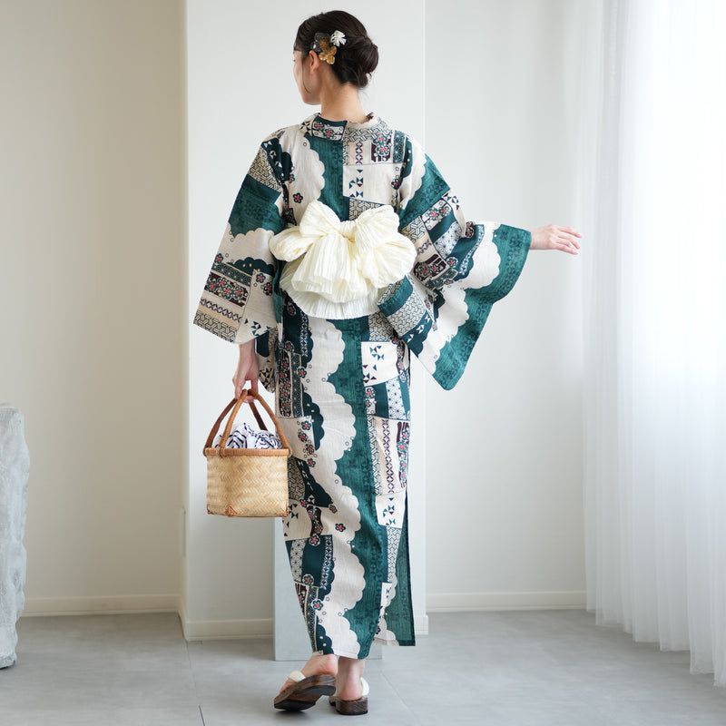 【ニコアンティーク 高級変わり織 浴衣3点セット ( ゆかた・帯・下駄 ) スカラップ雲取　ピーコック】 Lサイズ（165-175cm） 国産生地 国内染色　個性派きもの（5012280711）