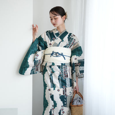 【ニコアンティーク 高級変わり織 浴衣3点セット ( ゆかた・帯・下駄 ) スカラップ雲取　ピーコック】 Lサイズ（165-175cm） 国産生地 国内染色　個性派きもの（5012280711）