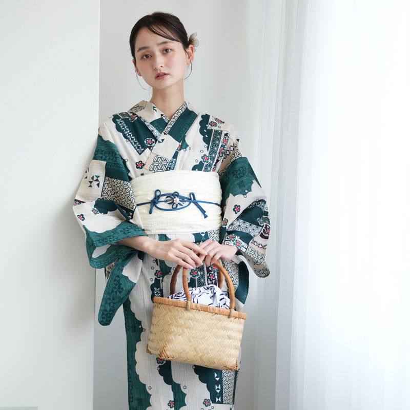 【ニコアンティーク 高級変わり織 浴衣3点セット ( ゆかた・帯・下駄 ) スカラップ雲取　ピーコック】 Lサイズ（165-175cm） 国産生地 国内染色　個性派きもの（5012280711）