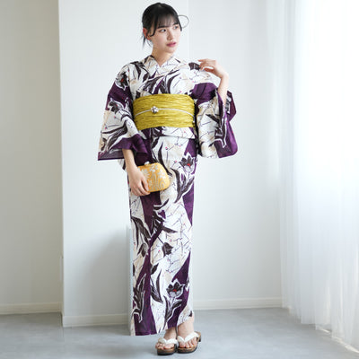 【ニコアンティーク 高級変わり織 浴衣3点セット ( ゆかた・帯・下駄 ) オールドチューリップ　パープル】 3Lサイズ（ヒップ約130cm位まで） 国産生地 国内染色　個性派きもの（5013280811）
