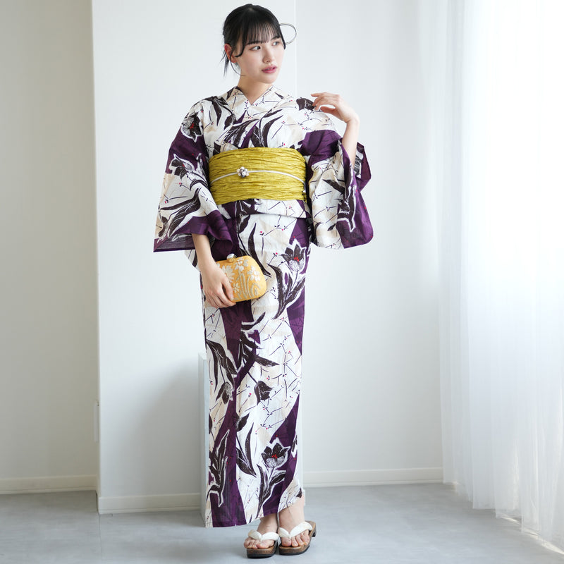 【ニコアンティーク 高級変わり織 浴衣3点セット ( ゆかた・帯・下駄 ) オールドチューリップ　パープル】 3Lサイズ（ヒップ約130cm位まで） 国産生地 国内染色　個性派きもの（5013280811）
