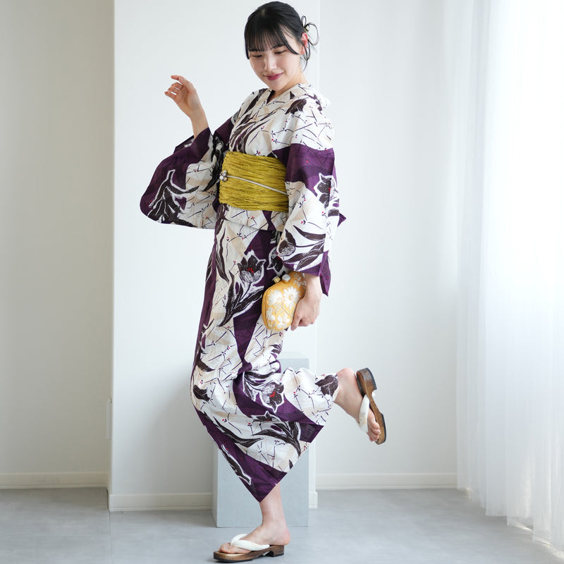 【ニコアンティーク 高級変わり織 浴衣3点セット ( ゆかた・帯・下駄 ) オールドチューリップ　パープル】 3Lサイズ（ヒップ約130cm位まで） 国産生地 国内染色　個性派きもの（5013280811）