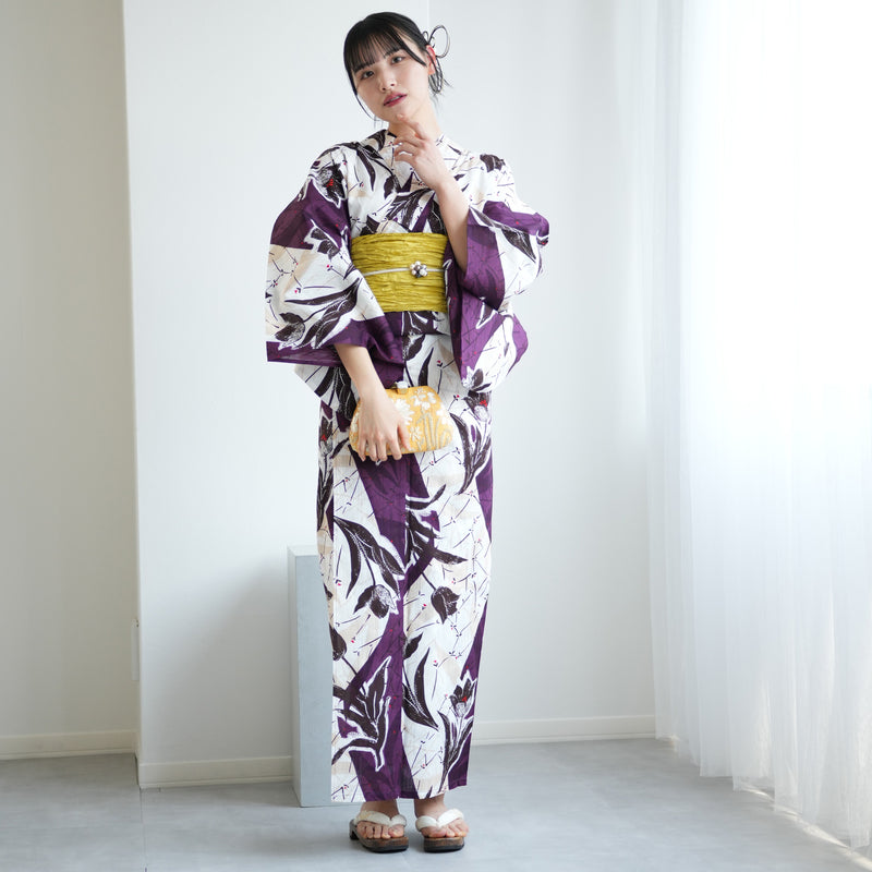 【ニコアンティーク 高級変わり織 浴衣3点セット ( ゆかた・帯・下駄 ) オールドチューリップ　パープル】 3Lサイズ（ヒップ約130cm位まで） 国産生地 国内染色　個性派きもの（5013280811）