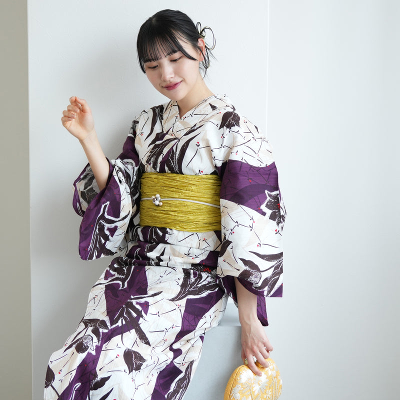 【ニコアンティーク 高級変わり織 浴衣3点セット ( ゆかた・帯・下駄 ) オールドチューリップ　パープル】 3Lサイズ（ヒップ約130cm位まで） 国産生地 国内染色　個性派きもの（5013280811）