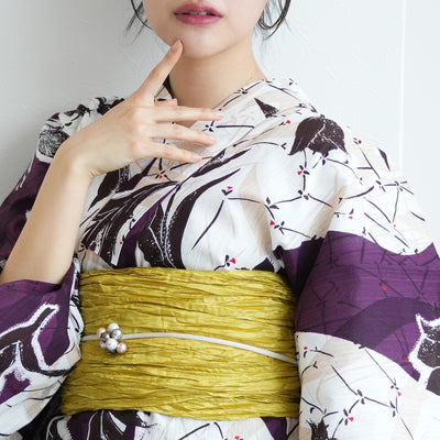 【ニコアンティーク 高級変わり織 浴衣3点セット ( ゆかた・帯・下駄 ) オールドチューリップ　パープル】 3Lサイズ（ヒップ約130cm位まで） 国産生地 国内染色　個性派きもの（5013280811）