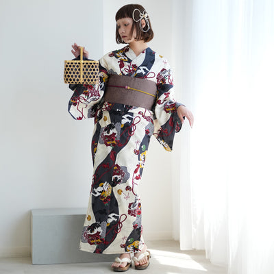 【ニコアンティーク 高級変わり織 浴衣3点セット ( ゆかた・帯・下駄 ) 染め分けグレーに大正浪漫ねこ】 フリーサイズ 国産生地 国内染色　個性派きもの（5010281011）
