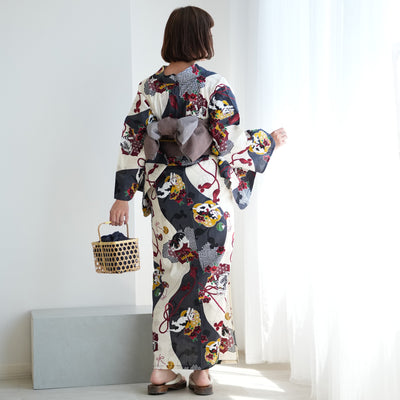 【ニコアンティーク 高級変わり織 浴衣3点セット ( ゆかた・帯・下駄 ) 染め分けグレーに大正浪漫ねこ】 フリーサイズ 国産生地 国内染色　個性派きもの（5010281011）