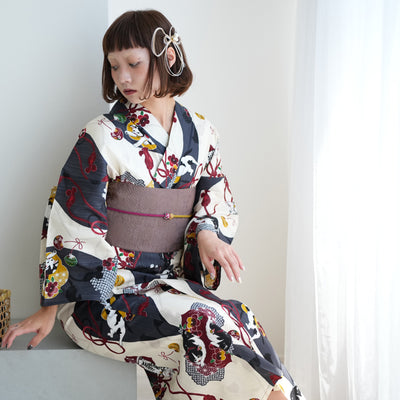 【ニコアンティーク 高級変わり織 浴衣3点セット ( ゆかた・帯・下駄 ) 染め分けグレーに大正浪漫ねこ】 フリーサイズ 国産生地 国内染色　個性派きもの（5010281011）