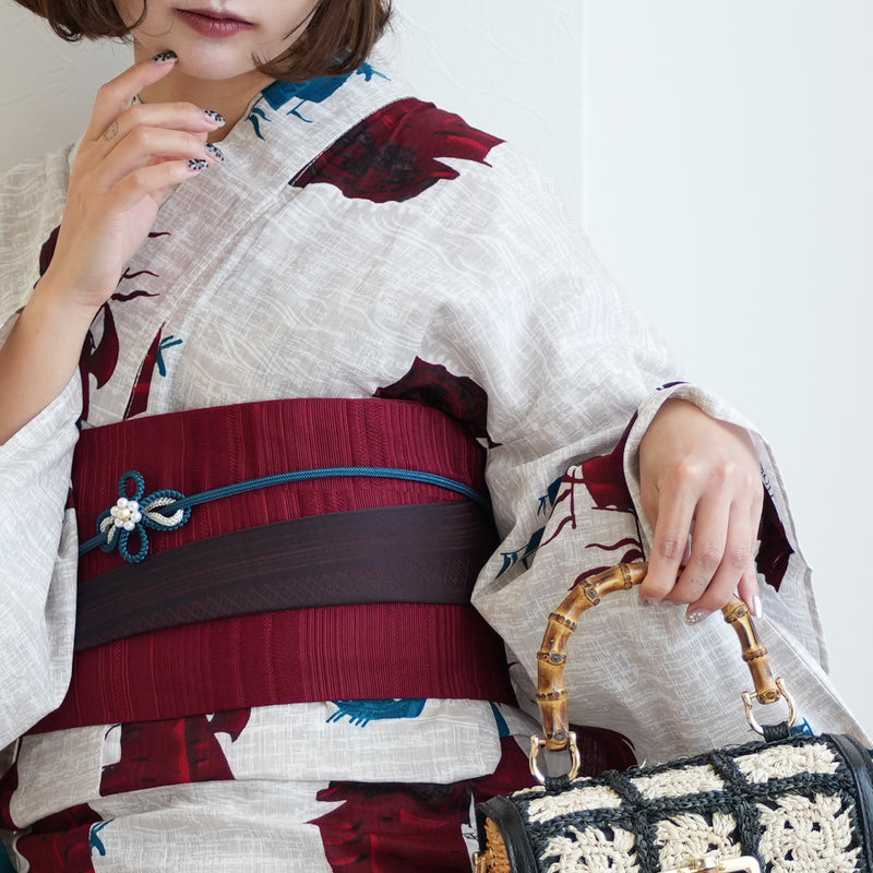 【ニコアンティーク 高級変わり織 浴衣3点セット ( ゆかた・帯・下駄 ) 赤と青の帆船】Sサイズ（150-160cm） 国産生地 国内染色　個性派きもの（5011281111）
