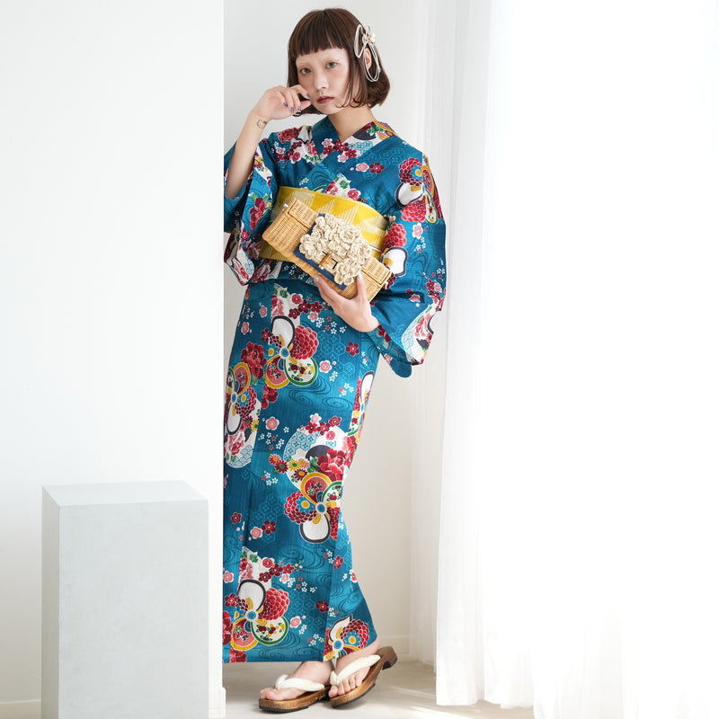 【ニコアンティーク 高級変わり織 浴衣3点セット ( ゆかた・帯・下駄 ) 大正浪漫ブルーに夢幻ねじり梅】 フリーサイズ 国産生地 国内染色　個性派きもの（5010281311）