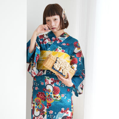 【ニコアンティーク 高級変わり織 浴衣3点セット ( ゆかた・帯・下駄 ) 大正浪漫ブルーに夢幻ねじり梅】 フリーサイズ 国産生地 国内染色　個性派きもの（5010281311）