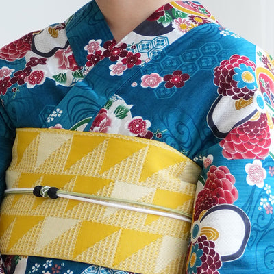 【ニコアンティーク 高級変わり織 浴衣3点セット ( ゆかた・帯・下駄 ) 大正浪漫ブルーに夢幻ねじり梅】 フリーサイズ 国産生地 国内染色　個性派きもの（5010281311）