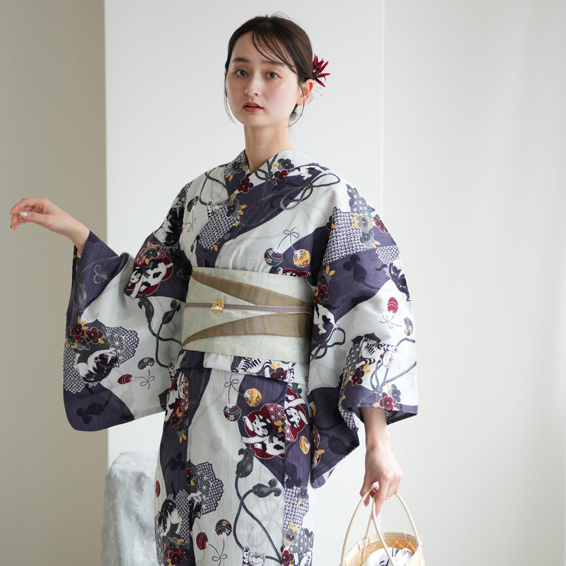 【ニコアンティーク 高級変わり織 浴衣3点セット ( ゆかた・帯・下駄 ) 染め分け灰紫に大正浪漫ねこ】 3Lサイズ（ヒップ約130cm位まで対応） 国産生地 国内染色　個性派きもの（5013281411）
