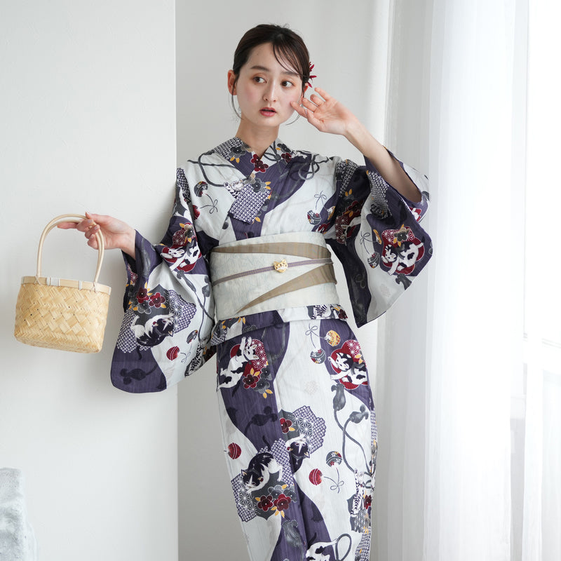 【ニコアンティーク 高級変わり織 浴衣3点セット ( ゆかた・帯・下駄 ) 染め分け灰紫に大正浪漫ねこ】 3Lサイズ（ヒップ約130cm位まで対応） 国産生地 国内染色　個性派きもの（5013281411）