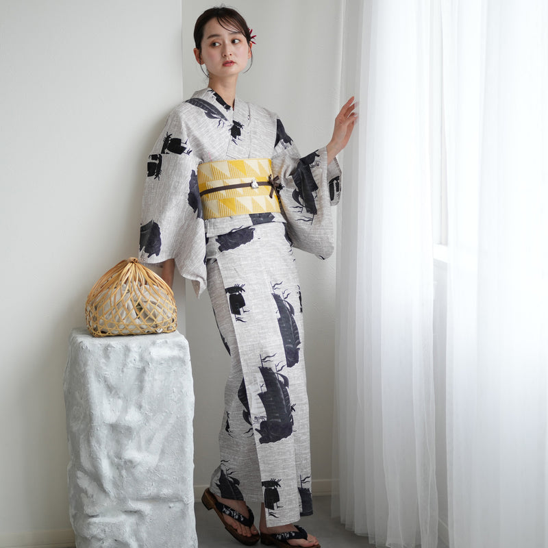 【ニコアンティーク 高級変わり織 浴衣3点セット ( ゆかた・帯・下駄 ) 黒い帆船】 Sサイズ（150-160cm） 国産生地 国内染色　個性派きもの（5011281511）