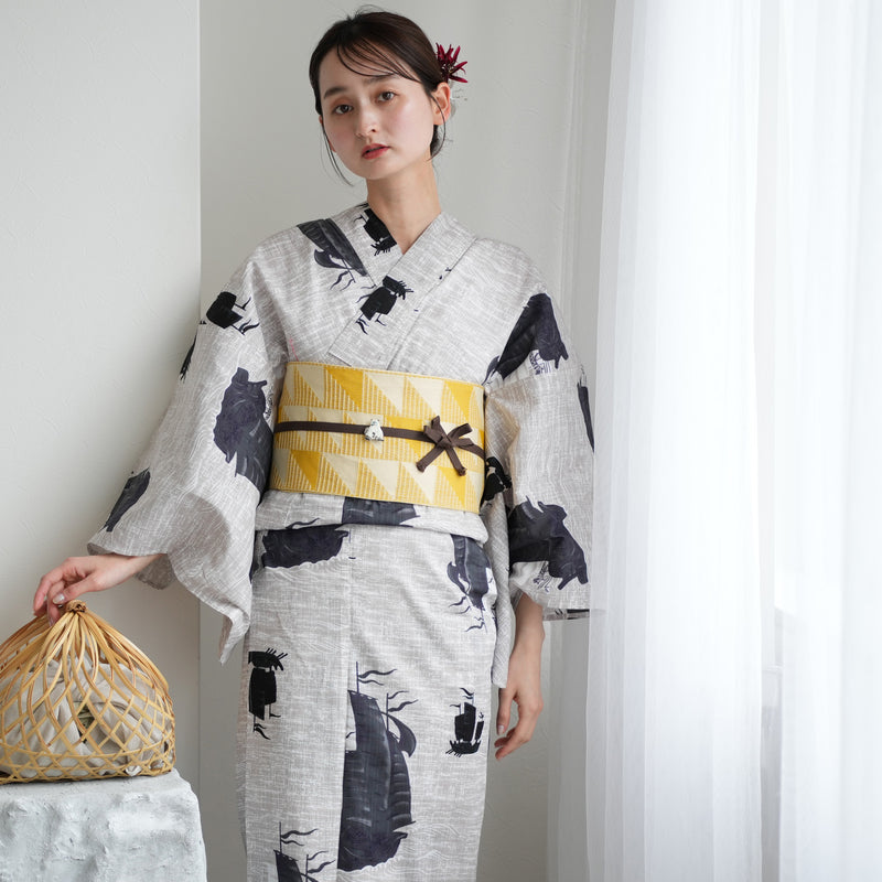【ニコアンティーク 高級変わり織 浴衣3点セット ( ゆかた・帯・下駄 ) 黒い帆船】 フリーサイズ 国産生地 国内染色　個性派きもの（5010281511）