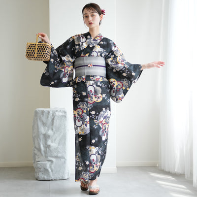 【ニコアンティーク 高級変わり織 浴衣3点セット ( ゆかた・帯・下駄 ) 大正浪漫ブラックに夢幻ねじり梅】3Lサイズ（ヒップ約130cm位まで）国産生地 国内染色　個性派きもの（5013281711）
