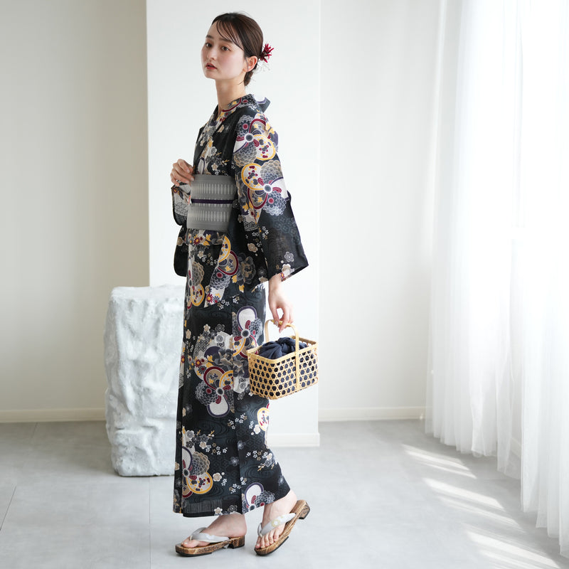 【ニコアンティーク 高級変わり織 浴衣3点セット ( ゆかた・帯・下駄 ) 大正浪漫ブラックに夢幻ねじり梅】3Lサイズ（ヒップ約130cm位まで）国産生地 国内染色　個性派きもの（5013281711）