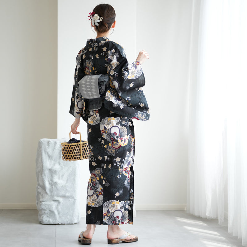 【ニコアンティーク 高級変わり織 浴衣3点セット ( ゆかた・帯・下駄 ) 大正浪漫ブラックに夢幻ねじり梅】3Lサイズ（ヒップ約130cm位まで）国産生地 国内染色　個性派きもの（5013281711）