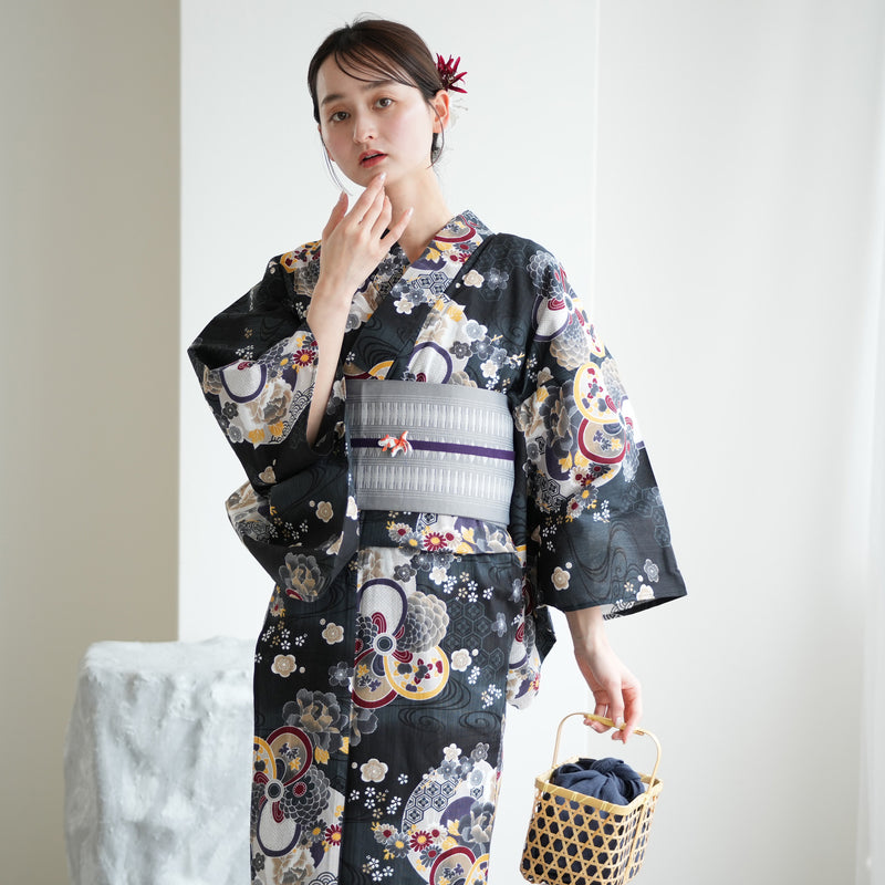 【ニコアンティーク 高級変わり織 浴衣3点セット ( ゆかた・帯・下駄 ) 大正浪漫ブラックに夢幻ねじり梅】3Lサイズ（ヒップ約130cm位まで）国産生地 国内染色　個性派きもの（5013281711）