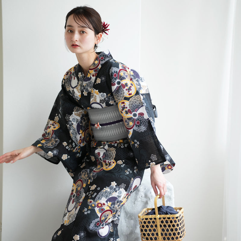 【ニコアンティーク 高級変わり織 浴衣3点セット ( ゆかた・帯・下駄 ) 大正浪漫ブラックに夢幻ねじり梅】 フリーサイズ 国産生地 国内染色　個性派きもの（5010281711）