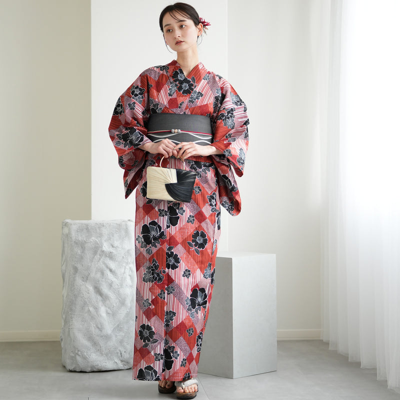 【ニコアンティーク 高級変わり織 浴衣3点セット ( ゆかた・帯・下駄 ) 芙蓉エフェクト レッド】 フリーサイズ 国産生地 国内染色　個性派きもの（5010282111）