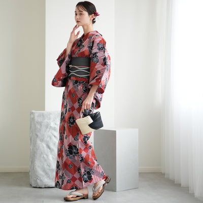 【ニコアンティーク 高級変わり織 浴衣3点セット ( ゆかた・帯・下駄 ) 芙蓉エフェクト レッド】 フリーサイズ 国産生地 国内染色　個性派きもの（5010282111）