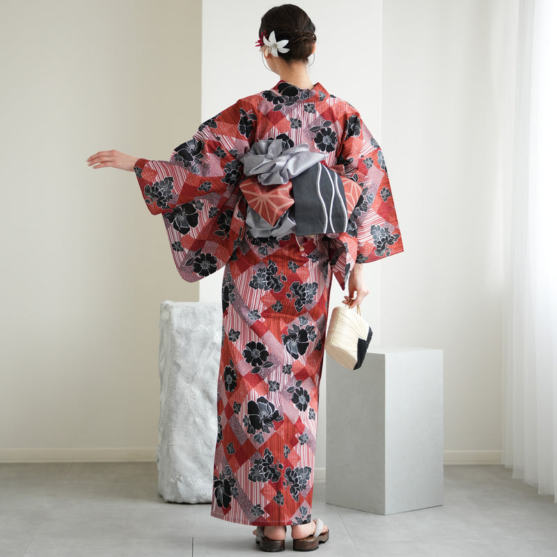 【ニコアンティーク 高級変わり織 浴衣3点セット ( ゆかた・帯・下駄 ) 芙蓉エフェクト レッド】 フリーサイズ 国産生地 国内染色　個性派きもの（5010282111）