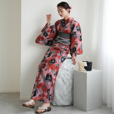 【ニコアンティーク 高級変わり織 浴衣3点セット ( ゆかた・帯・下駄 ) 芙蓉エフェクト レッド】 フリーサイズ 国産生地 国内染色　個性派きもの（5010282111）