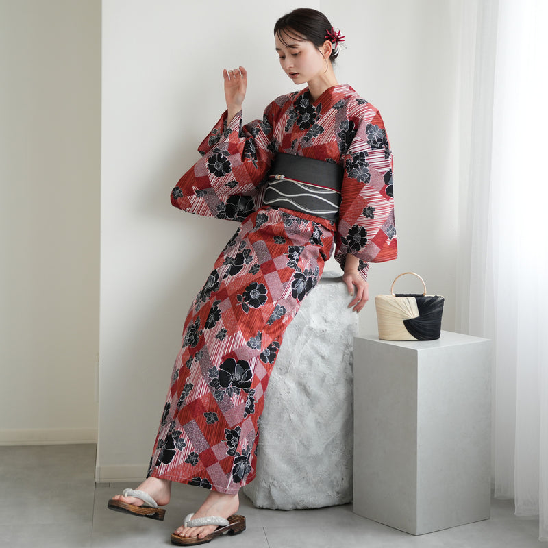 【ニコアンティーク 高級変わり織 浴衣3点セット ( ゆかた・帯・下駄 ) 芙蓉エフェクト レッド】 フリーサイズ 国産生地 国内染色　個性派きもの（5010282111）