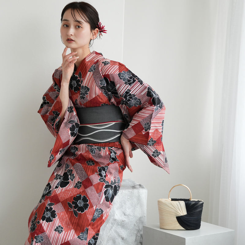 【ニコアンティーク 高級変わり織 浴衣3点セット ( ゆかた・帯・下駄 ) 芙蓉エフェクト レッド】 フリーサイズ 国産生地 国内染色　個性派きもの（5010282111）