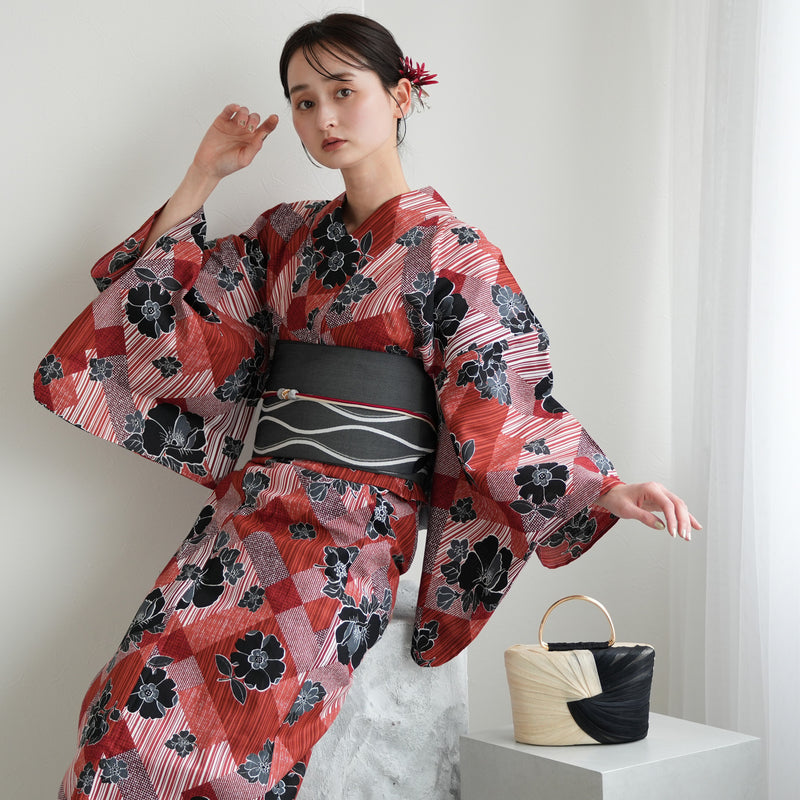 【ニコアンティーク 高級変わり織 浴衣3点セット ( ゆかた・帯・下駄 ) 芙蓉エフェクト レッド】 フリーサイズ 国産生地 国内染色　個性派きもの（5010282111）