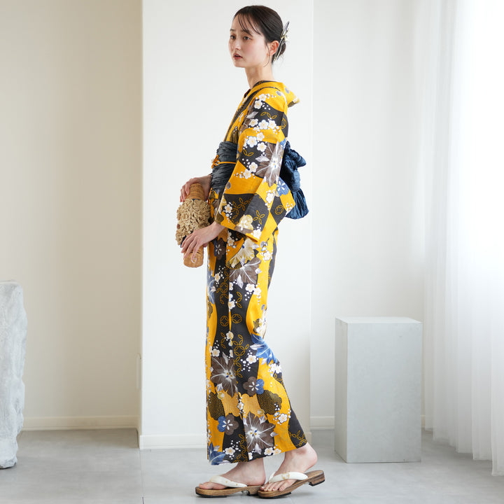 ◆ノー皺加工最高級カルキュロ◆変わり織り◆紺地紅椿の花々古典浴衣◆しわにならない 色無地レンタル882 紺色寿光織 唐花 | 着物レンタルの京都かしい