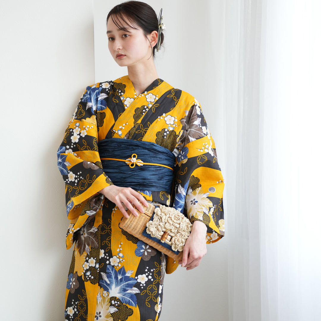 ◆ノー皺加工最高級カルキュロ◆変わり織り◆紺地紅椿の花々古典浴衣◆しわにならない utatane 高級変わり織 浴衣3点セット ( ゆかた・帯・下駄